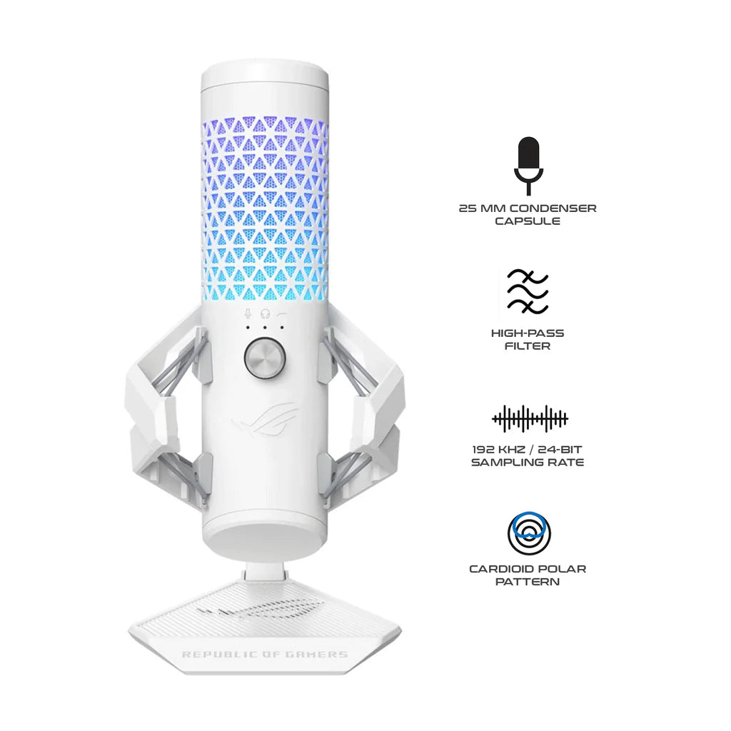 ASUS ROG Carnyx USB Condenser Microphone — 25mm Capsule, 192kHz/24-bit, Aura Sync RGB, White