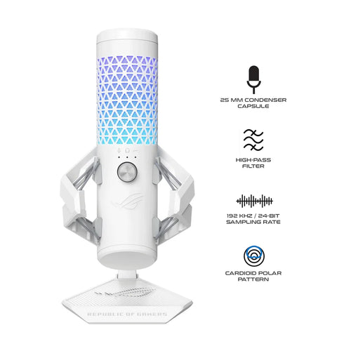 ASUS ROG Carnyx USB Condenser Microphone — 25mm Capsule, 192kHz/24-bit, Aura Sync RGB, White